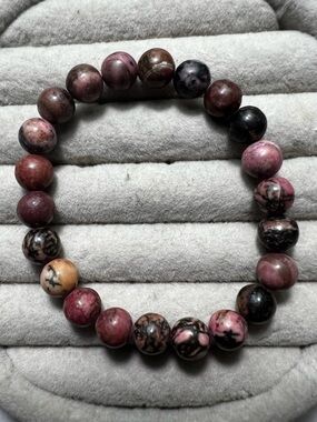 Natural Rhodonite Beaded Stretch Bracelet in Pink and Black